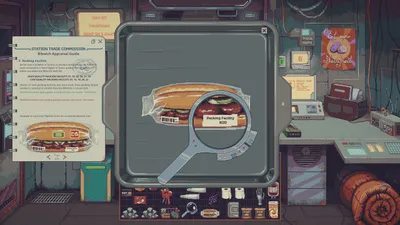 深空當舖（Probably Stolen） 鑑定服務介面：放大鏡下的漢堡被蓋上 Counterfeit 仿製印章