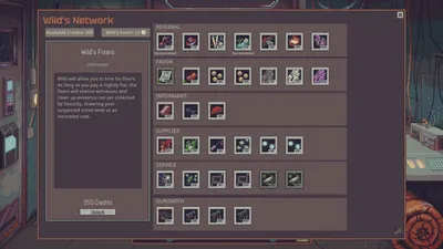 Probably Stolen Wild’s Network menu showing faction favours and shop upgrades