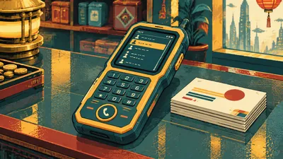 Illustration of a handheld phone and a stack of business cards on a shop counter